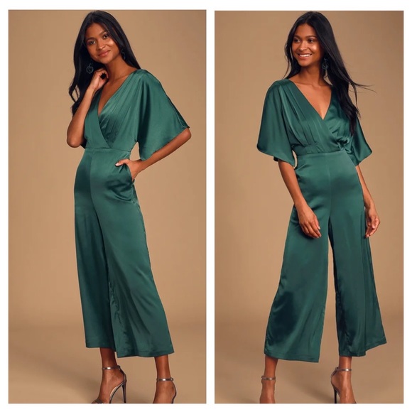 Lulus Pants - Lulu’s Kiss Me Now Emerald Green Satin Short
Sleeve Wide-Leg Jumpsuit NWT